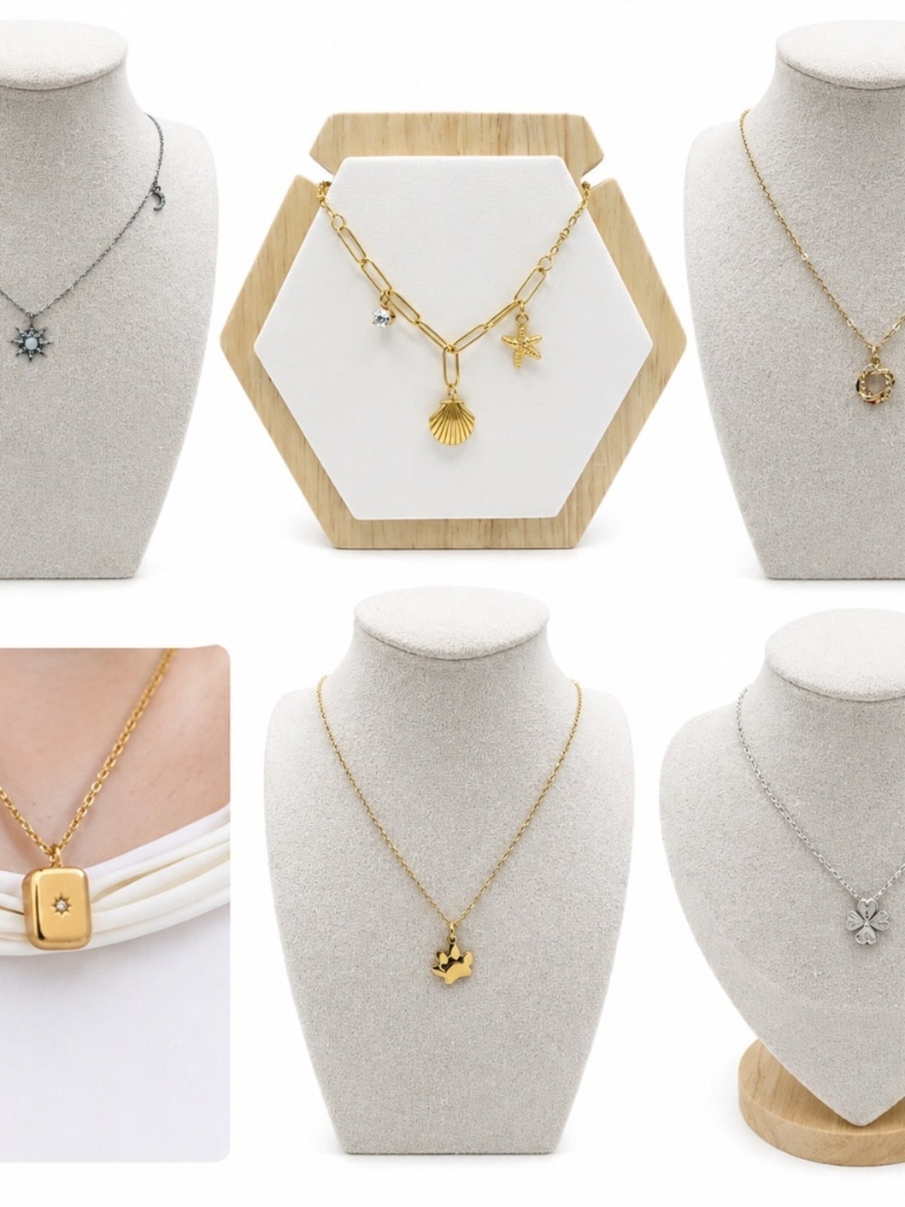 Gold & Silver Pendant Necklace Bundle | Star, Shell, Clover, Charm Set